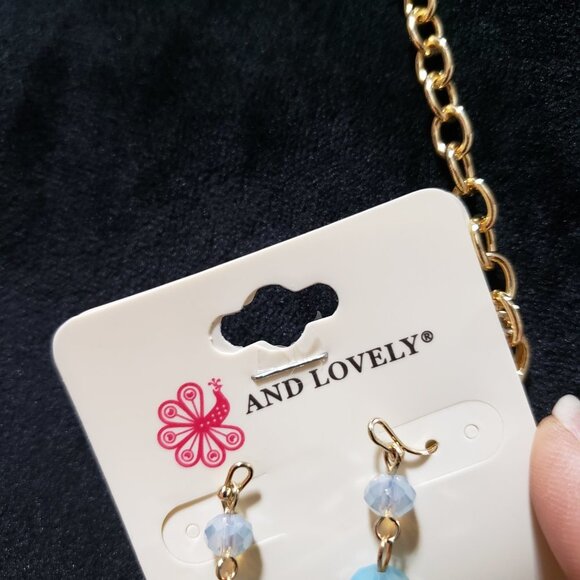 Womens Turquoise Beads Metallic Gold Cord Necklace with Earrings - Picture 6 of 7